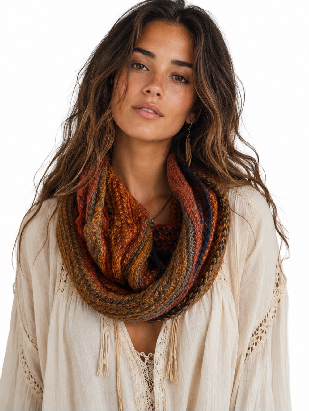 Avenue Multicolor Knit Infinity Scarf in Rust, Orange & Olive Green